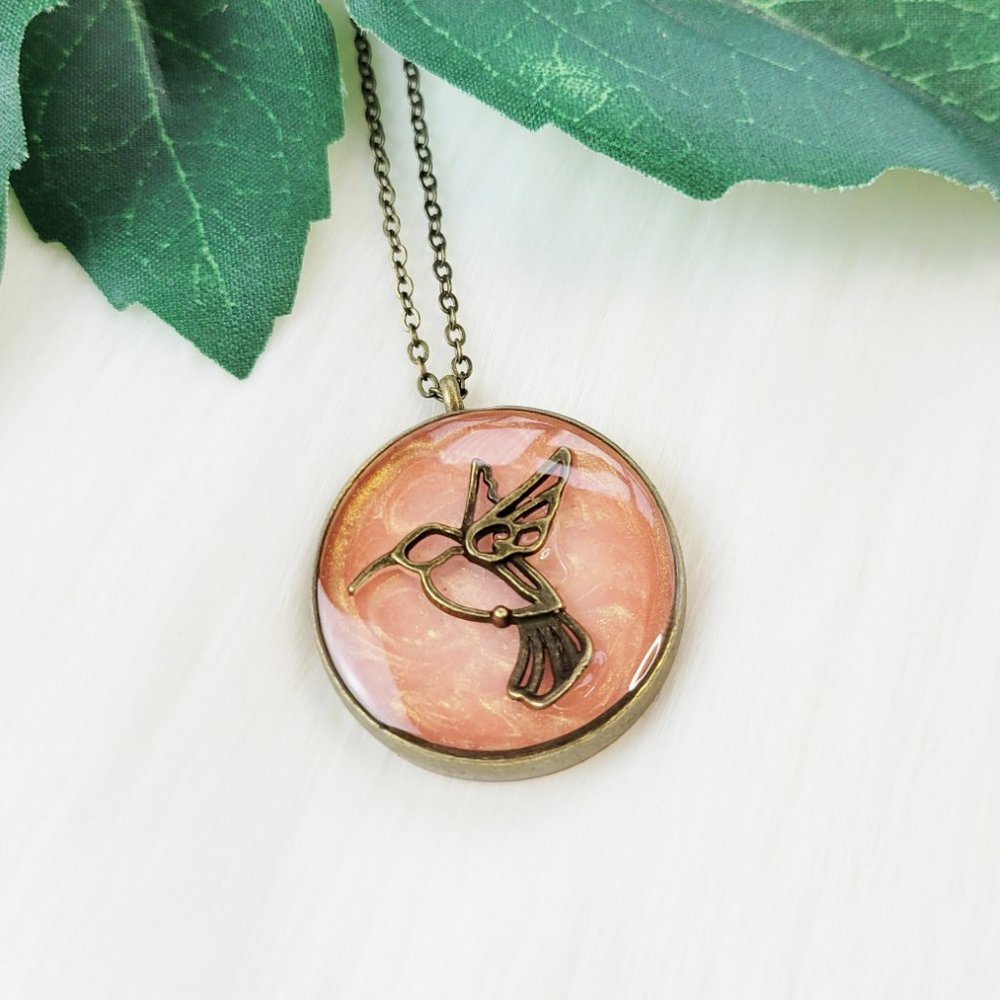 Hummingbird Pendant Necklace Metallic Peach Antiqued Bronze Oval Bezel Pendant